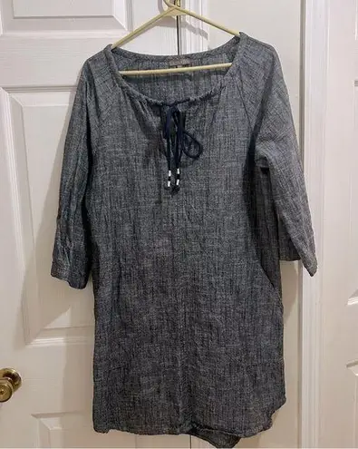 Lilla P Charcoal and Navy Linen Blend Dress with Tie Accents Size Medium Gray