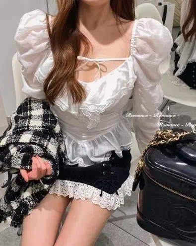 Japanese White Ruffle Bow Cottage Balletcore Princess Puffed Sleeved Top Blouse Size XS