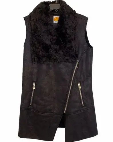 C&C California Faux Fur Asymmetrical Zip Sleeveless Vest Black Xlarge