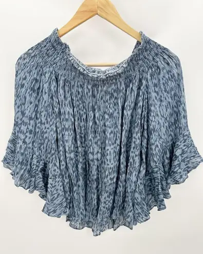 Lovestitch Top Women LARGE Blue Printed Off The Shoulder Ruffle Sleeve Smocked