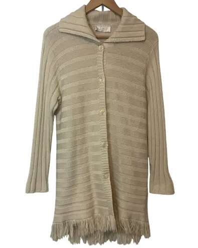 Vintage Sirio Italy Merino Wool Knit Beige Cream Button Fringe Cardigan Sweater Size L