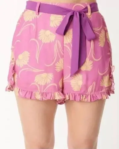 Unique Vintage x Smiley Pink Floral Smiley Faced Belted Shorts- Size Large- NWT