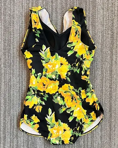 Denim&Co Swimsuit Sarong Front Swimdress One Piece Floral 8 Yellow