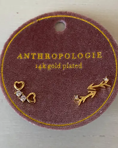 Anthropologie NWT  set of two 14k gold plated dainty gold heart & arrow earrings