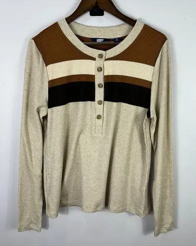 Lands' End Henley Shirt Womens XL Beige Brown Stripe Ribbed Retro 70s Cabincore Tan