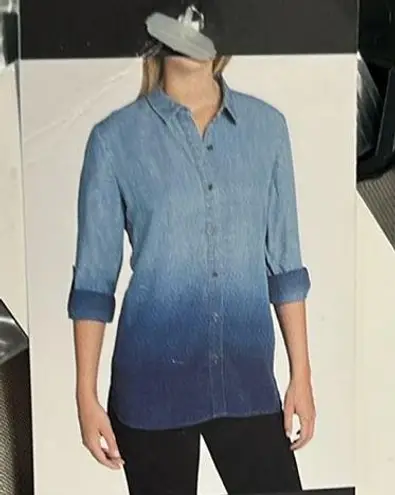 Chelsea & Theodore Long Sleeve Grey Dip Dye Button Front Womens S Blouse Tunic Gray