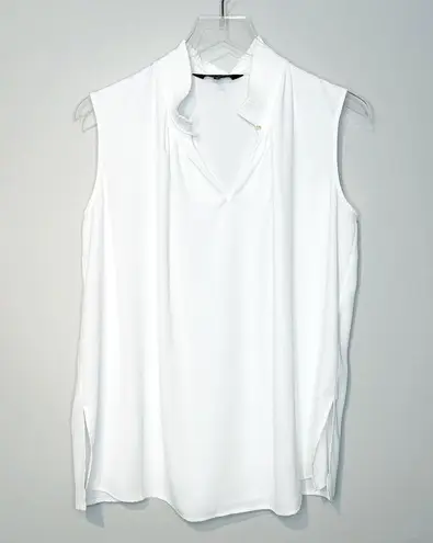 Ming Wang Sleeveless Crepe De Chine Pleated Collar White Tank Blouse Shirt Sz M