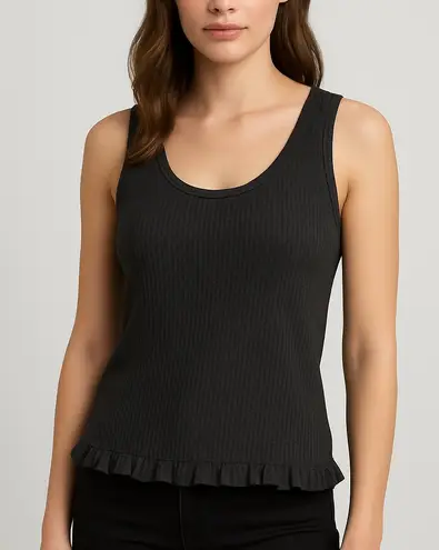 Vila Milano Black Ribbed Tank Top with Ruffle Hem