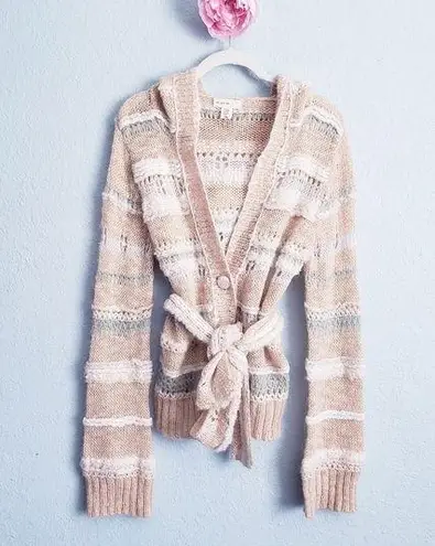 Anthropologie Sleeping On Snow Cream Striped Open Knit Button Down Belted Wool Blend Cardigan - Image 1