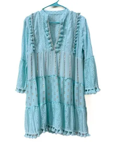 Charlie Paige Mixed Media Dress, Tiered, 3/4 Bell Sleeves, Eyelet and Lace