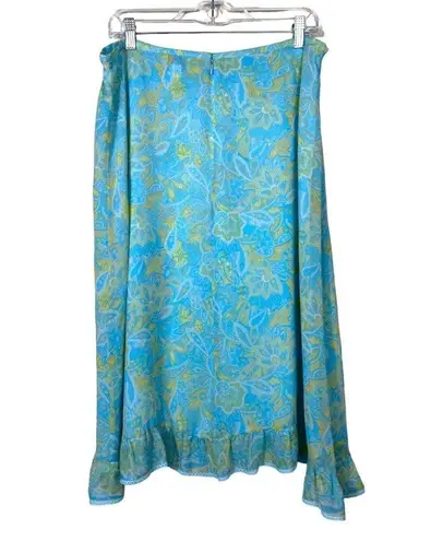 Oscar de la Renta Vtg Skirt 100% Silk Y2K Floral Ruffle Hem Women 16 Blue Green