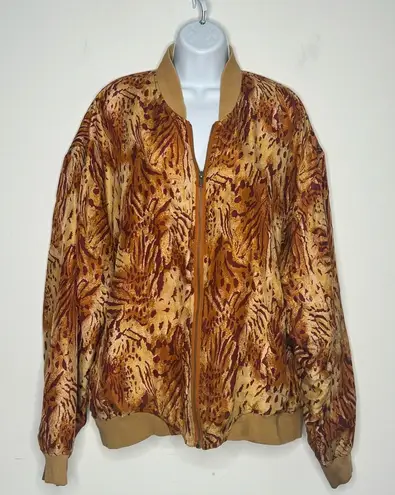 SUMMA SILK Silk Bomber Jacket Vintage Safari Print 90s artsy maximalist Boho Brown Size XL