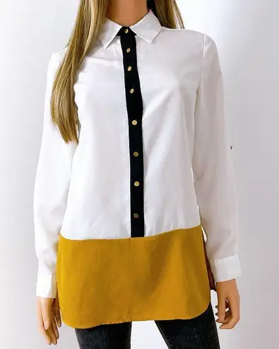 cupio Modern Colorblock Buttoned Down Collared Shirt Tunic Top, S