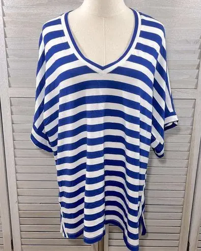 Jane and Delancey Beach Coverup/Oversized Tunic Blue/White Stripe V Neck-2X