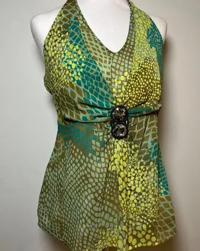 Vintage Y2K Halter Top Green Blue Yellow Brown Size 10 Boho Fairy Jewel Gem Tank