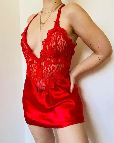 Dreamgirl Vintage y2k rose red lace mini slip satin lingerie dress w/open back
