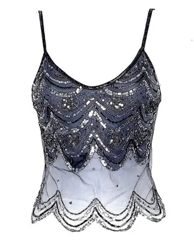 Bebe Y2K  Beaded Sequin Mesh Scalloped Sparkly Top Silver Gray XS thumbnail 1