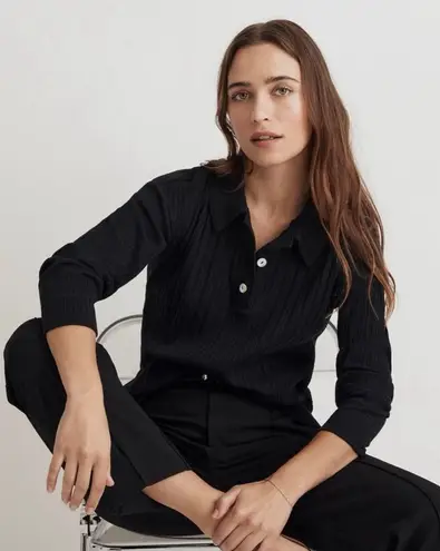 Madewell Top Variegated Rib Boxy Polo Shirt Long Sleeve True Black M NWT New