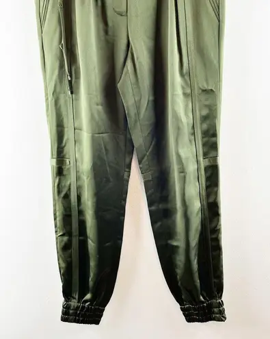 Halston Heritage Satin High Waisted Tapered Leg Joggers Pants Dark Forest Green
