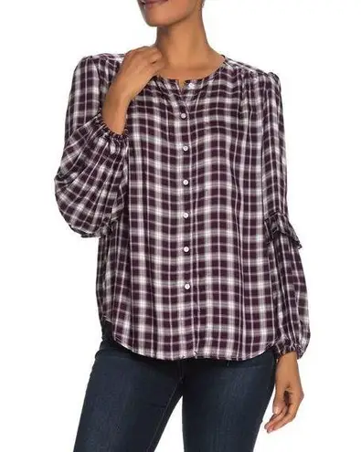 Max Studio  Plaid Ruffle Sleeve Top Button