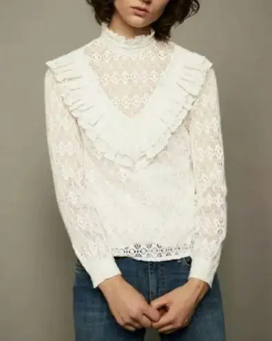 Maje Limba Open Knit High Neck Ruffle Crochet Lace Sweater Top Ecru Size 1