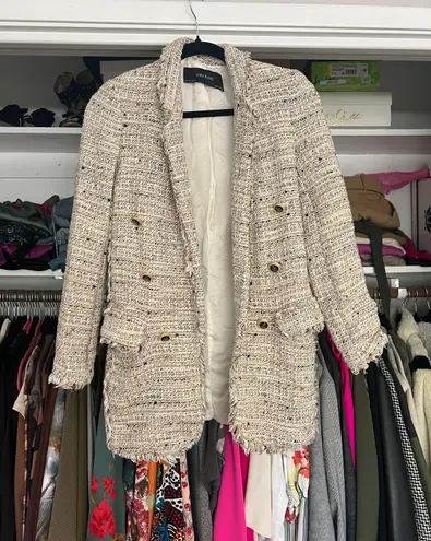 ZARA cream open front gold button tweed long sleeve blazer jacket XS