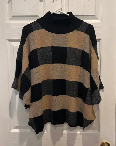 Note di Anita Italian Merino Wool Cashmere Poncho Cape Black Beige Buffalo Plaid Size L