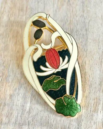 VTG Fish Signed Enamel Lily Pad Reed Pin Brooch Green