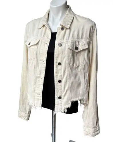 HIDDEN JEANS Rebel Fray Hem Denim Trucker Jacket in Cream, Sz L Size L
