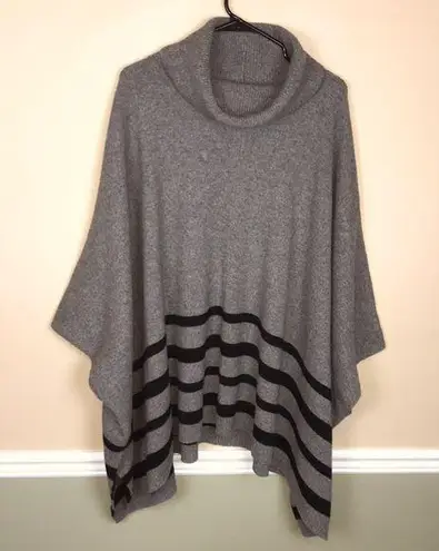 Tahari  Women’s Wool Yak Knit Gray Striped Drape Hem Cowl Neck Sweater Poncho