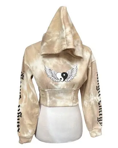 Faded Rose Yin Yang Heart Wings Tie Dye Cropped Hooded Sweatshirt Tan Size Small