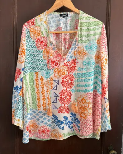 Tolani | 100% Silk Colorful Patchwork Print Flowy Bell Sleeve Split neck Blouse