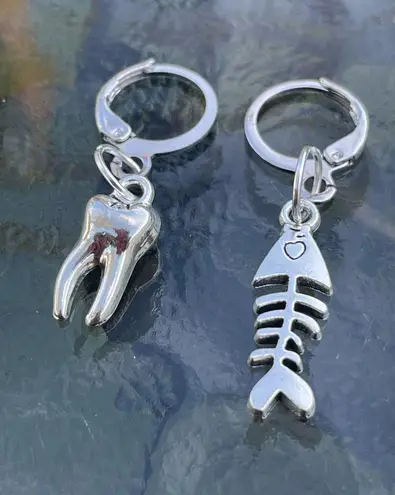 Handmade Silver Y2k Tooth Fishbone Hoop Earrings , Punk Goth Boho Silver