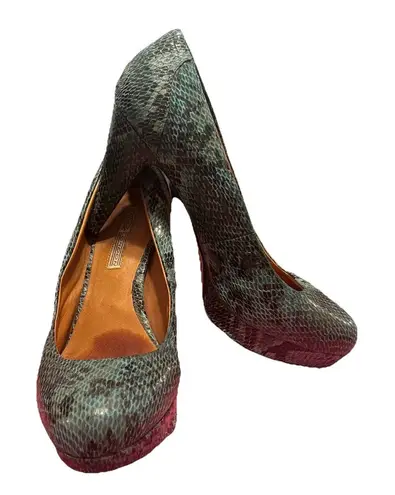 Buffalo London Teal Black Embossed Snakeskin Platform Heels Pumps Size 10 Green