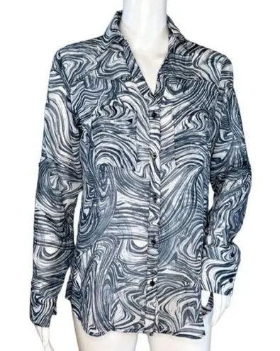 Grayson Shirt Womens Medium Gray Blue Swirl Sheer Career Work Casual Versatile