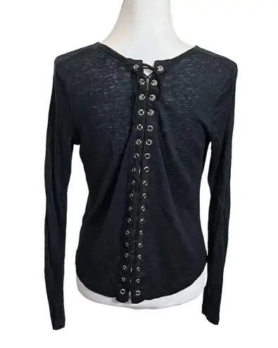 Generation Love  Women Black Long Sleeve Top Lace Up Linen Blouse Size Small S