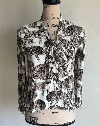 H&M  Big Cat Print Long Sleeve Neck Tie Blouse Size 2