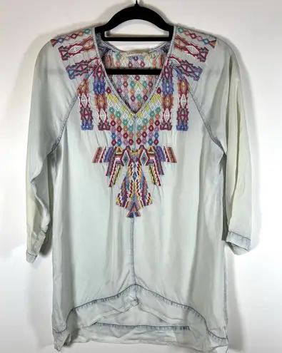 Soft Surroundings EMBROIDERED Mixteca TUNIC Top Size XS TENCEL Chambray V-NECK