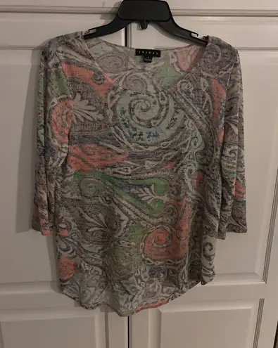 Tribal Women's Top Medium M Paisley Print 3/4 Sleeve Lightweight Blouse Tan