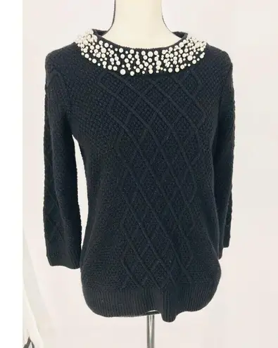 Karl Lagerfeld Paris Black Knit Sweater Embellished Faux Pearl sz Xsmall