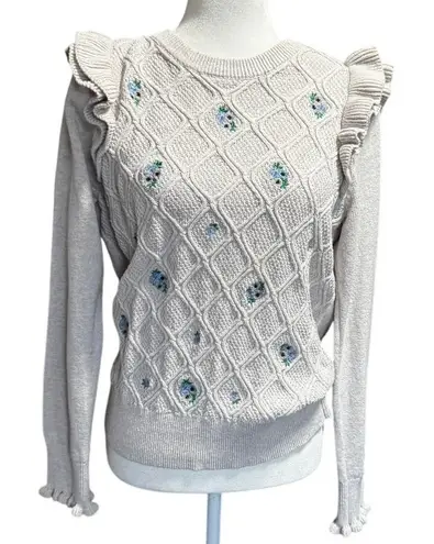 Charter Club Grandma Embroidered Ruffle Sweater Women’s (L) Beige Knit Blue Ditsy Floral