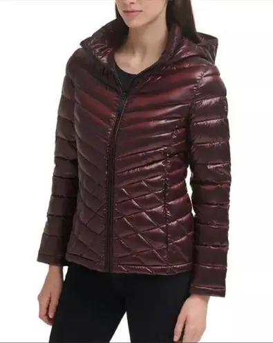 Calvin Klein Hooded Packable Premium Down Puffer Coat Eggplant Wine XS