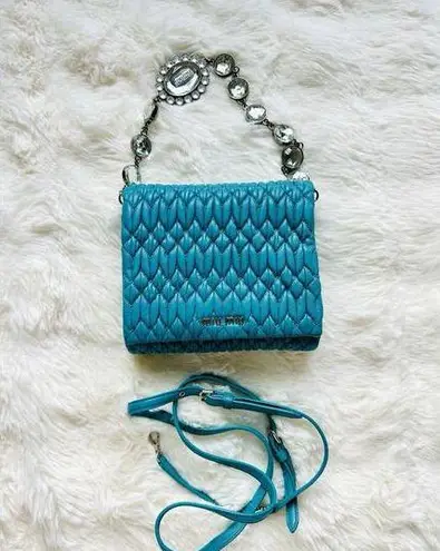 Miu Miu  Nappa Leather Matelassé Crystal Crossbody Bag Handbag Turquoise Auth