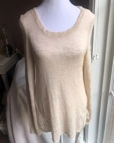 I.N. San Francisco Vintage Y2K Ecru Sweater with Crochet Insets Scoop Neck Boho Size Large