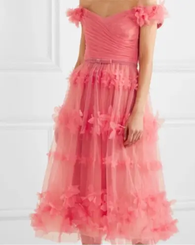 Marchesa Notte Off Shoulder Tulle 3D Floral Midi Gown Dress Size 0 Pink Tiered