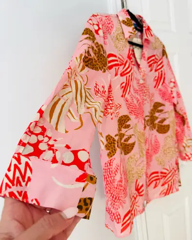 Farm Rio Lobster Print Oversized Button-Front Shirt/Tunic, Size S