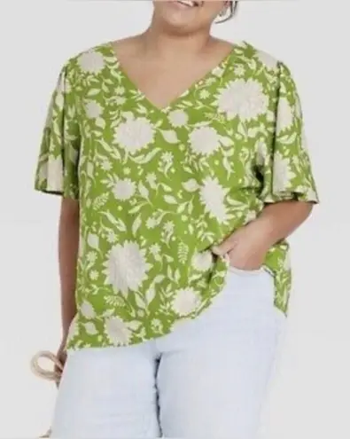 Ava & Viv Lime Green White Floral Linen Blend Rayon Blouse