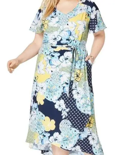 Jessica London BLUE YELLOW WHITE ALL OVER PRINT HI-LOW FAUX WRAP MAXI DRESS 16W