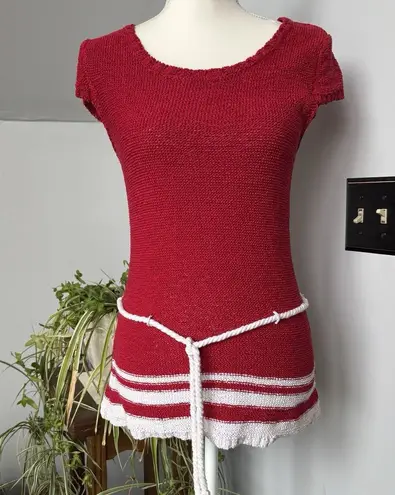 Vintage Red White Preppy Nautical Rope Belted Tunic Sweater East Coast Sz Large