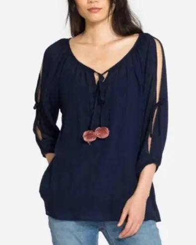 Johnny Was Top bamboo cold shoulder pom pom womens Navy Blue small contemporary